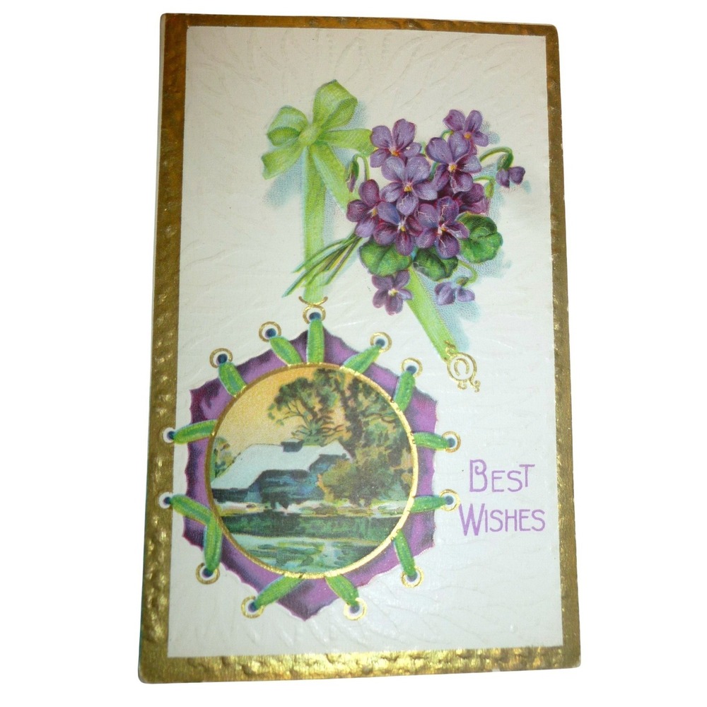 Antique Embossed Postcard Best Wishes Violets Winter Snow Scene Gilt Border 1907